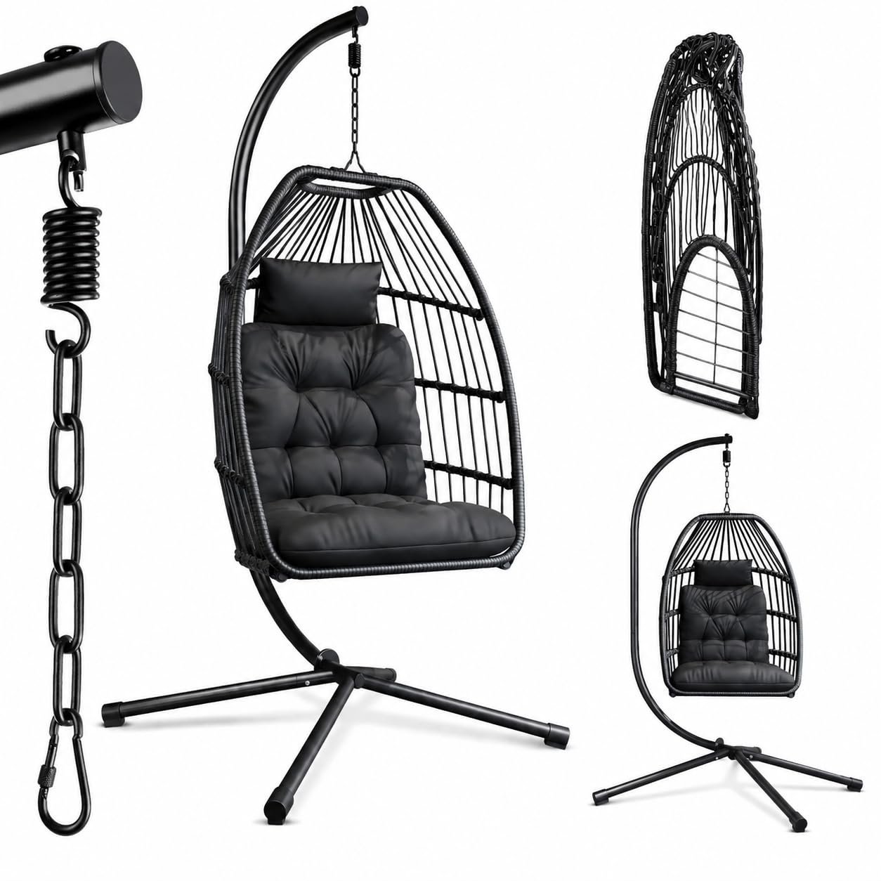61H5MtHVF1L Xbro Hängesessel mit Gestell Polyrattan 360° Drehbar Schwarz – Bild 1