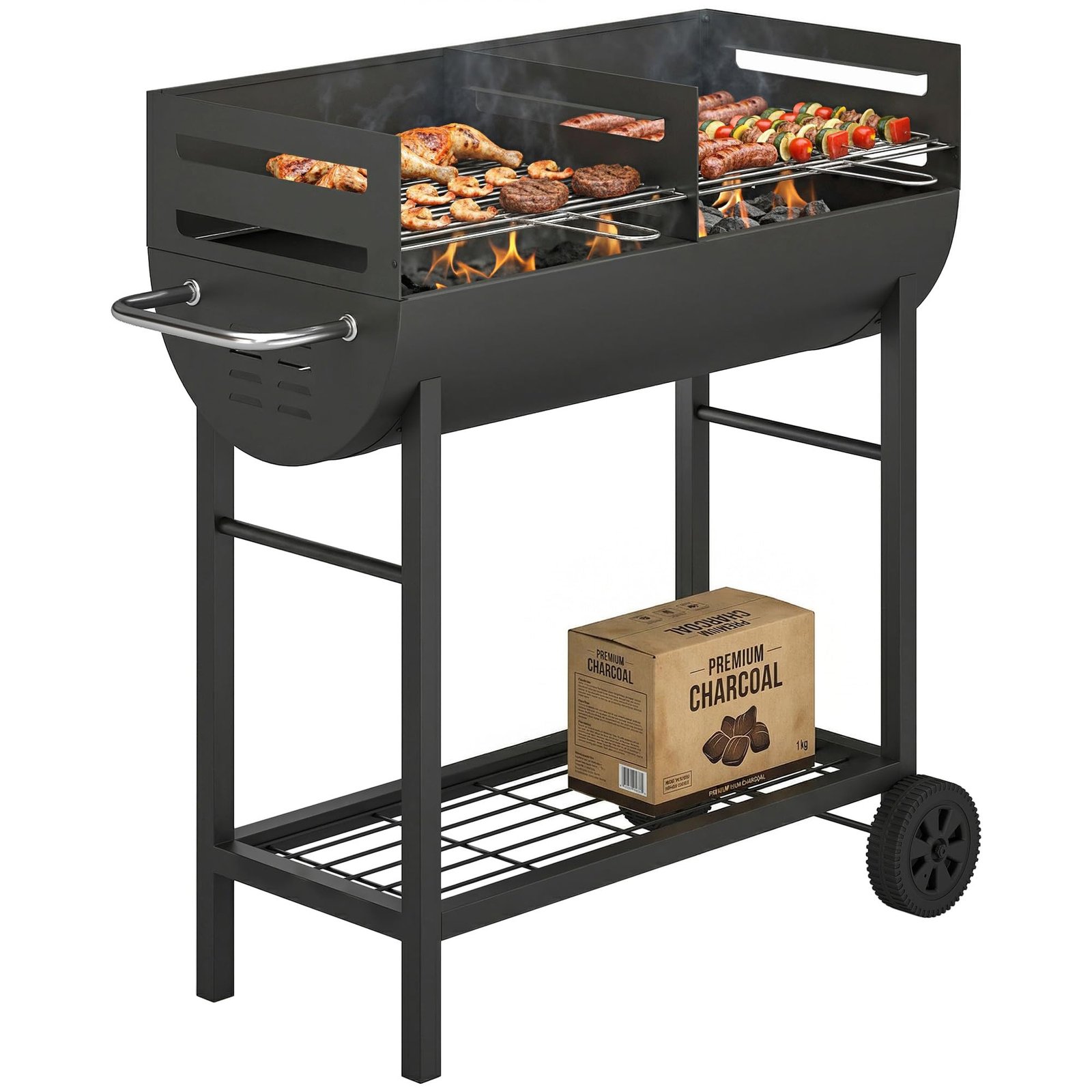 71Ko3CkxjyL Outsunny Holzkohlegrill mit 2 Grillzonen & Grillwagen – Schwarz – Bild 1
